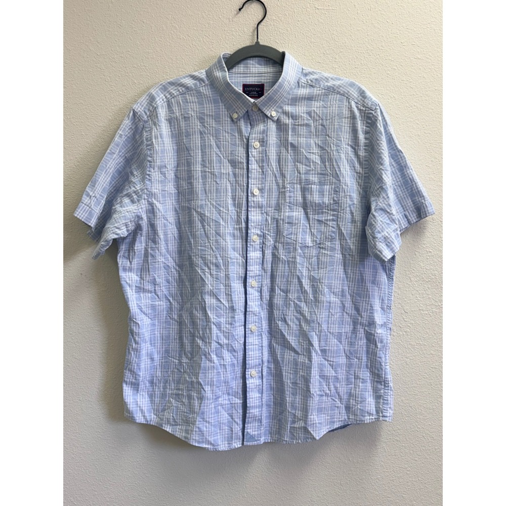 UNTUCKit Mens Large Light Blue White Plaid Short Sleeve Button Down Cotton Shirt